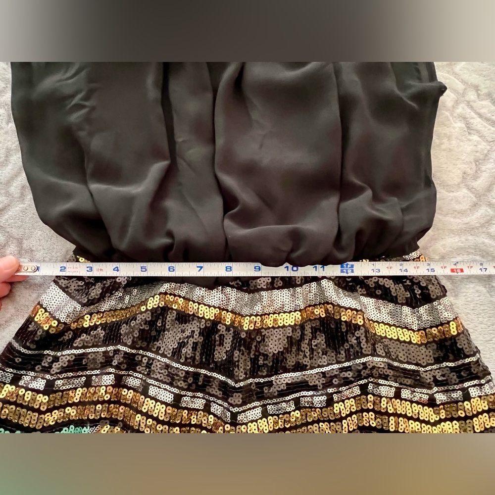 Luxology Sequin Dress Black Gold Sheer Top Size M - Picture 6 of 8
